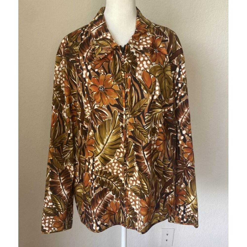 Laura Ashley Zip Jacket Women's 3X Long Sleeve Dark Orange Floral Leaf